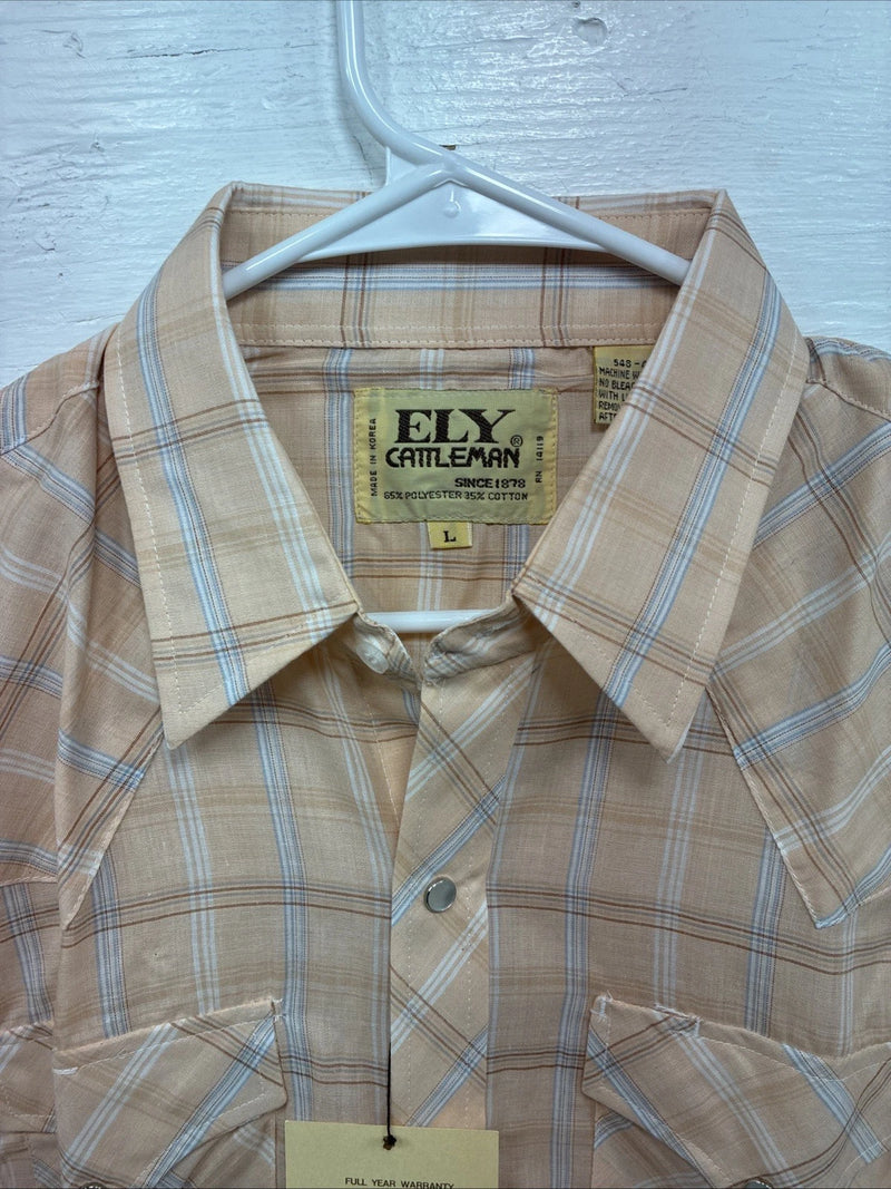 New Men’s ELY Cattleman Orange Plaid Short Sleeve Pearl Snap Large X-24