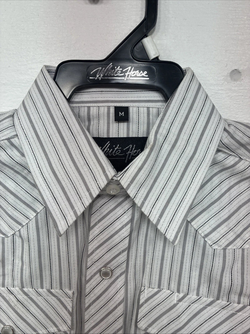 New Kids White Horse Gray Stripe Long Sleeve Pearl Snap Medium DD-57