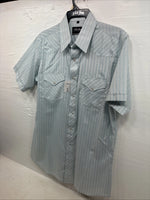 New Men’s White Horse Blue Plaid Short Sleeve Pearl Snap Large CC-46
