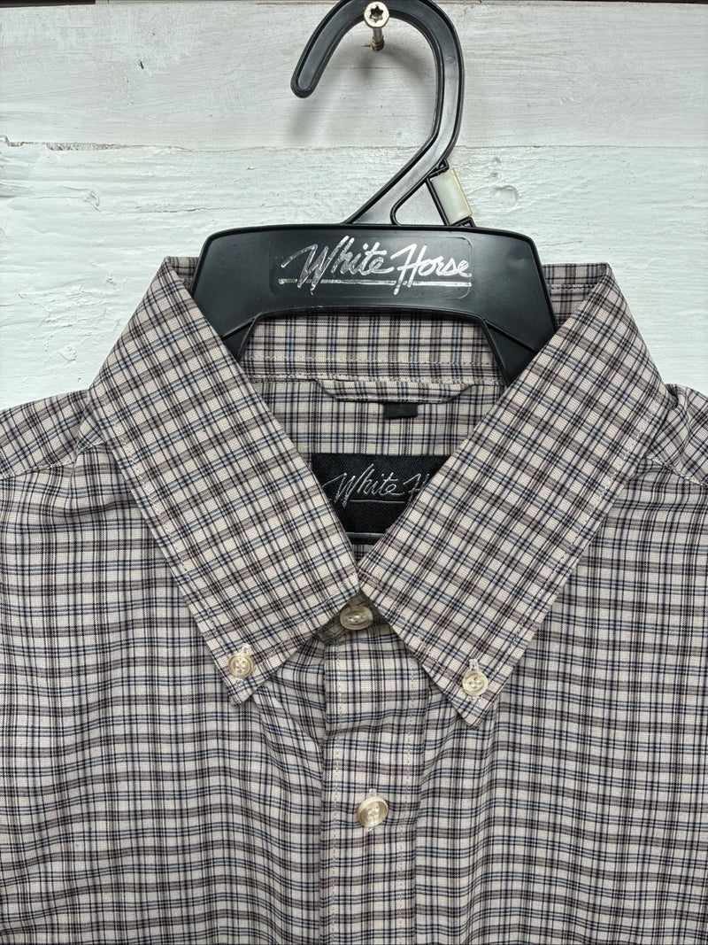 New Men’s White Horse brown Plaid Short Sleeve Pearl Snap Large CC-34
