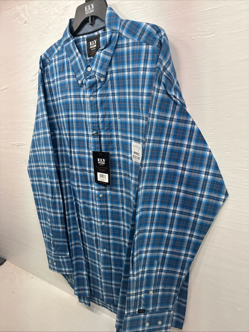 New Men’s ELY Cattleman Blue Plaid Long sleeve Button Up 2XL M-49 