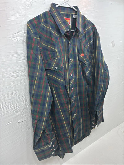 New Men’s ELY Plains Green Plaid Long Sleeve Pearl Snap 17 X 34 XL T-24