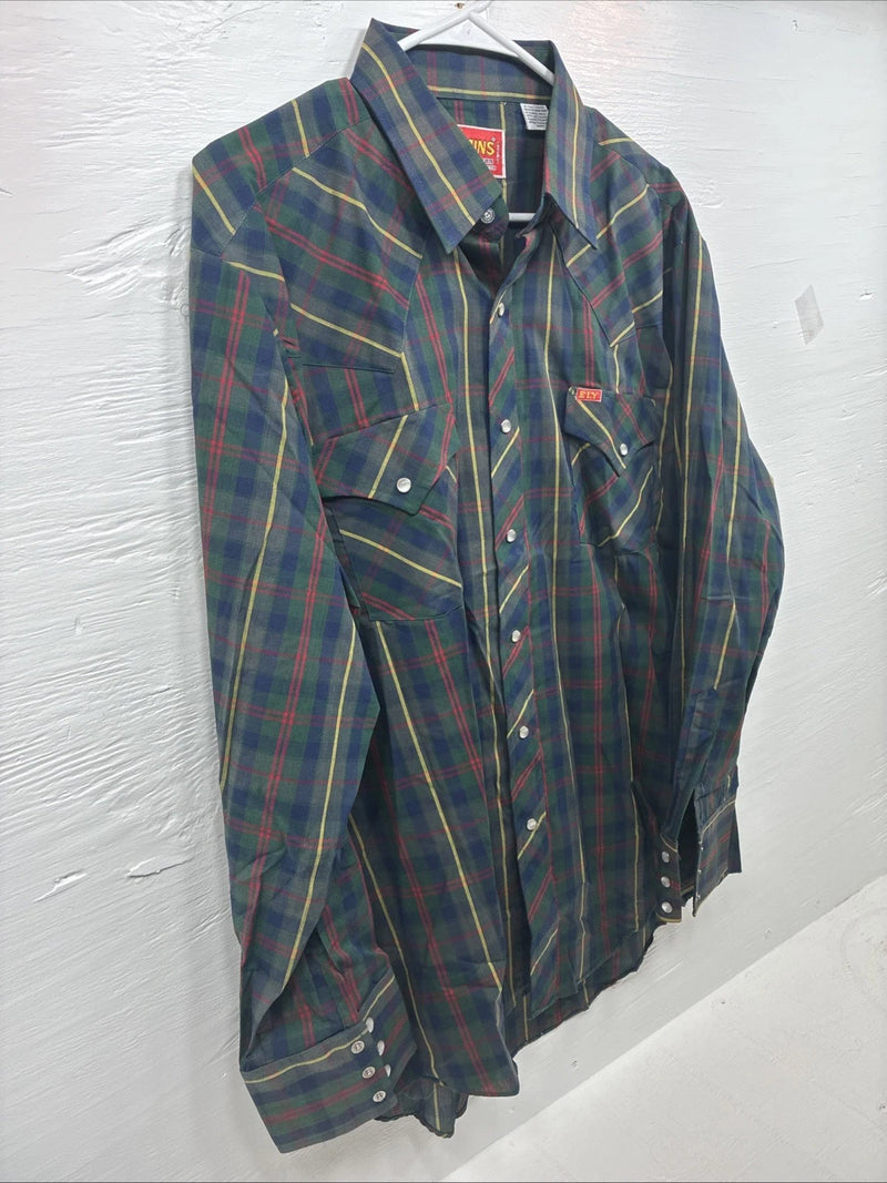New Men’s ELY Plains Green Plaid Long Sleeve Pearl Snap 17 X 34 XL T-24