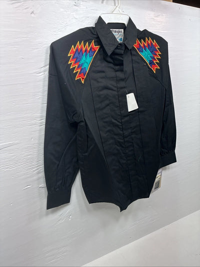 New Men’s Wrangler Black Western Design Long Sleeve Hidden Button Up Small J-62