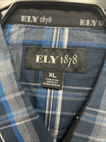 New Men’s ELY 1878 Blue Plaid Short Sleeve Pearl Snap XL R-48