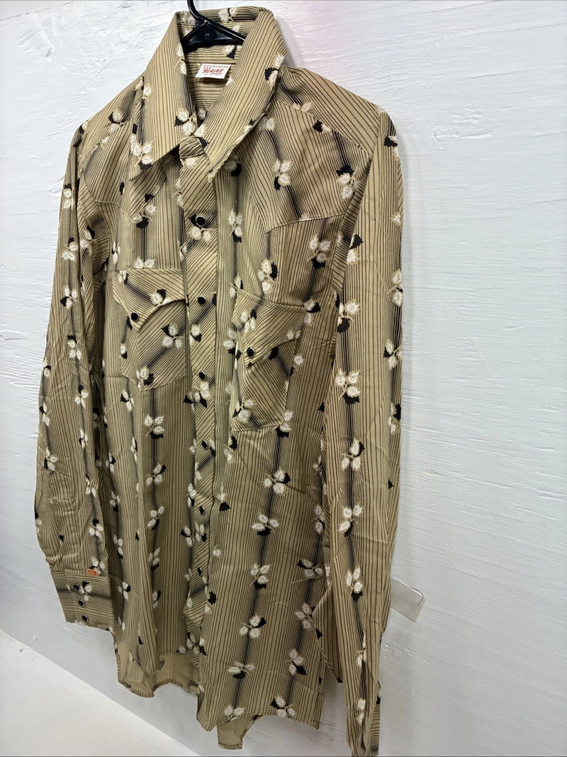 New Men’s ELY Plains Yellow Black Floral Long Sleeve Pearl Snap 15.5 Medium T-14