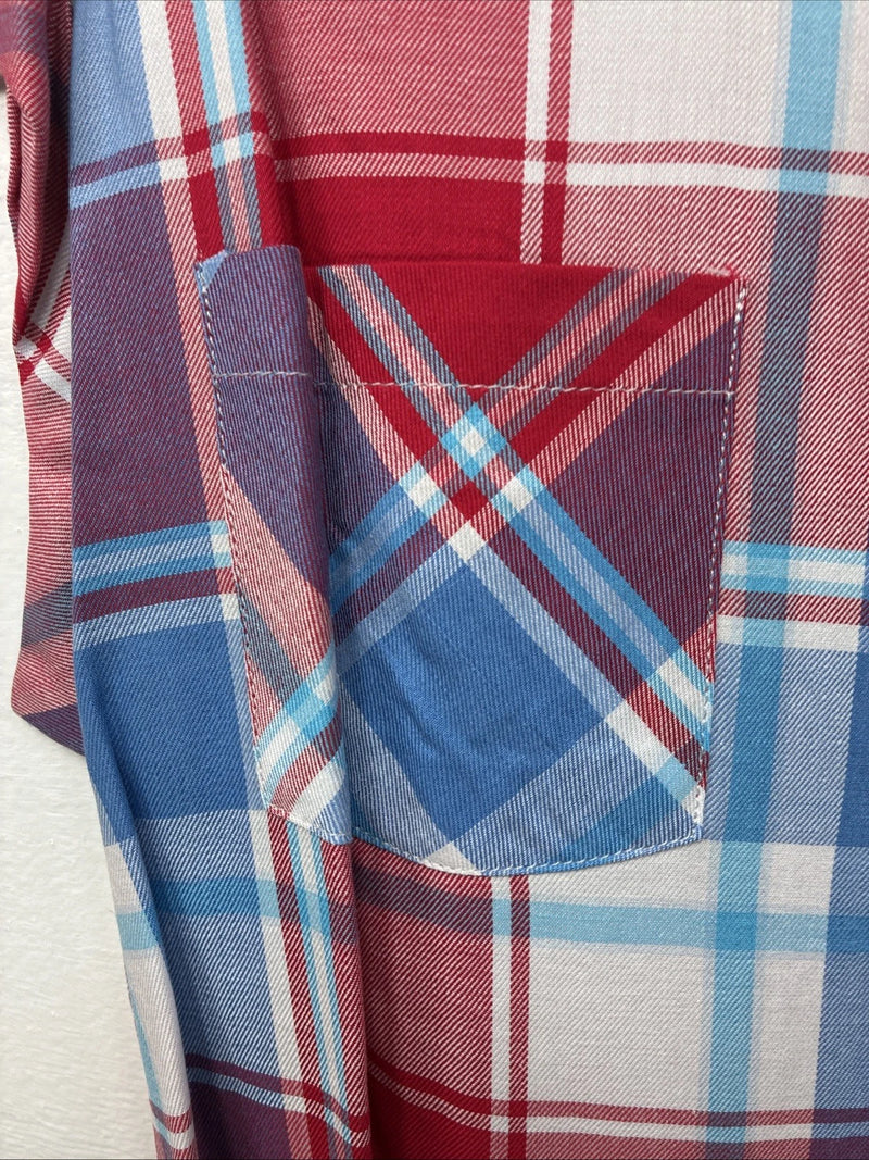 New Women’s Cumberland Red Blue Plaid Short Sleeve Button Up Small DD-106