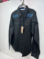 New Women’s Cumberland Black Blue Design Long Sleeve Pearl Snap Large GG-87