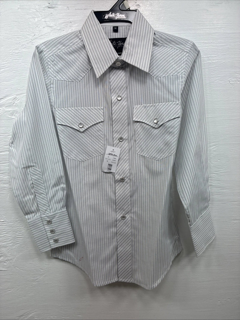 New Kids White Horse Gray Stripe Long Sleeve Pearl Snap Medium DD-54