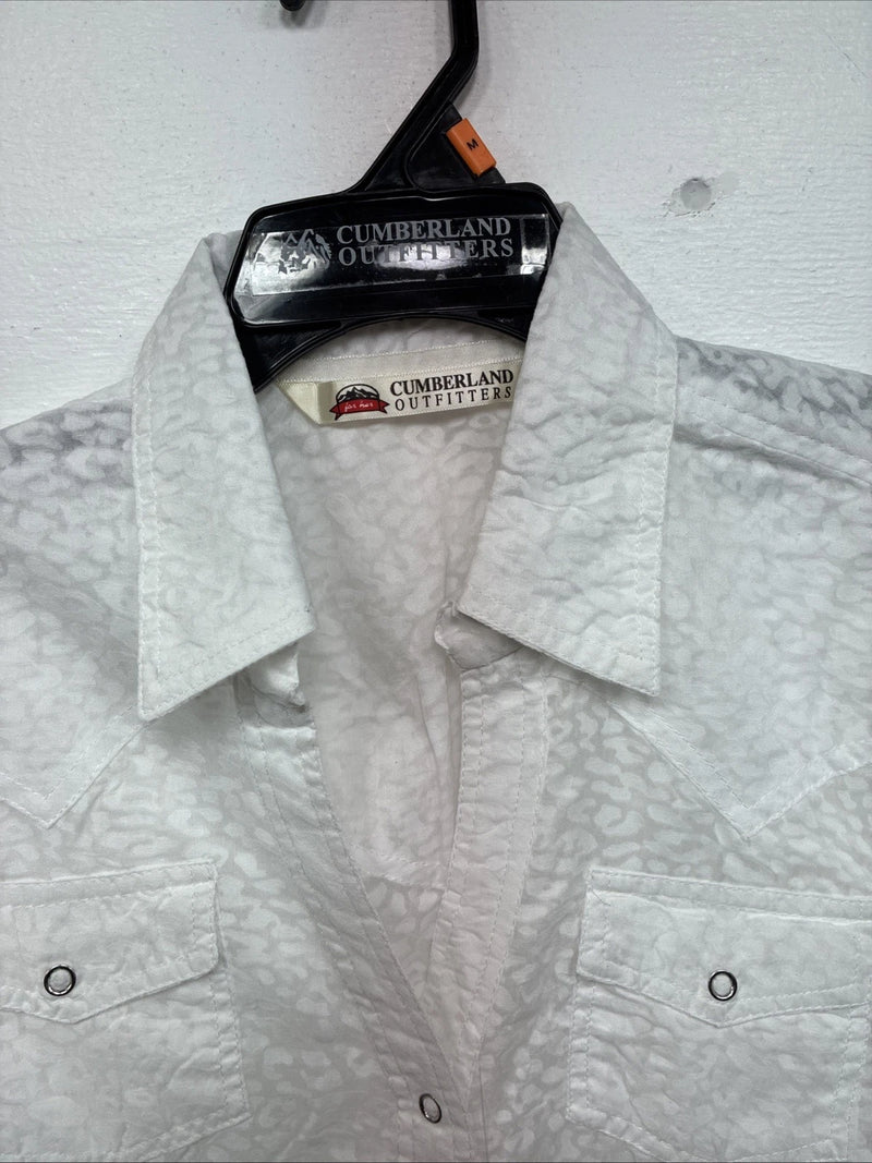 New Women’s Cumberland White Cheetah Print Long Sleeve Pearl Snap Medium LL-65