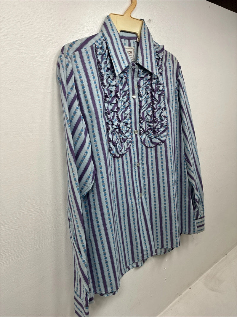 New Women’s Ranch Purple Blue Stripe Long Sleeve Pearl Snap Size 36 MM-19