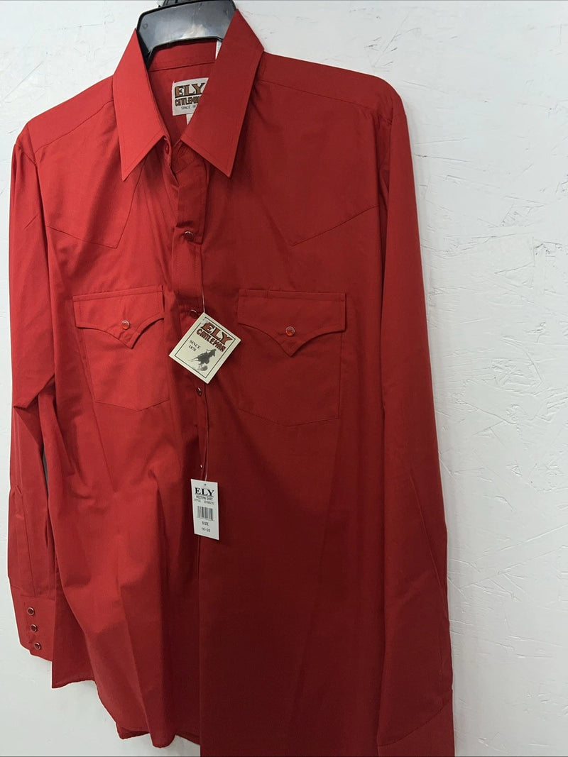 New Men’s Red ELY Cattleman Long Sleeve Pearl Snap Shirt. 16x35 L P-59
