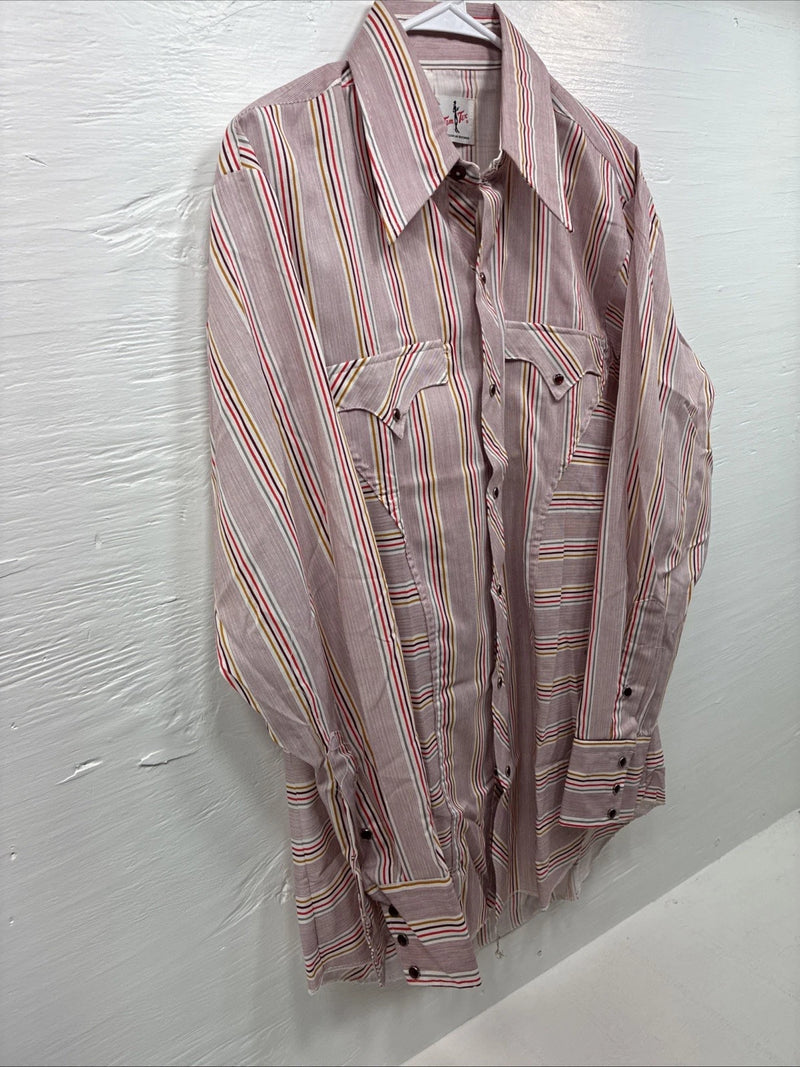 Me Mens Tem Tex Pink Multicolor Stripe Long Sleeve Pearl Snap 16 Large O-45