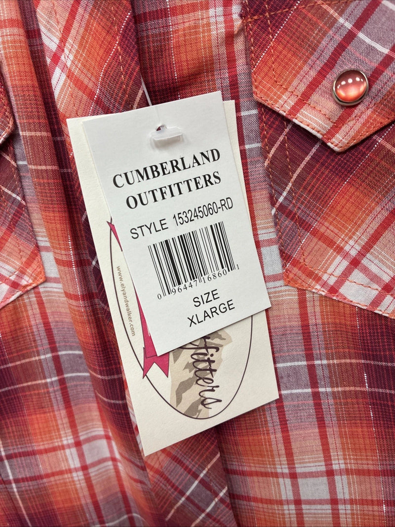 New Women’s Cumberland Pink orange Plaid Long Sleeve Pearl Snap XL GG-61