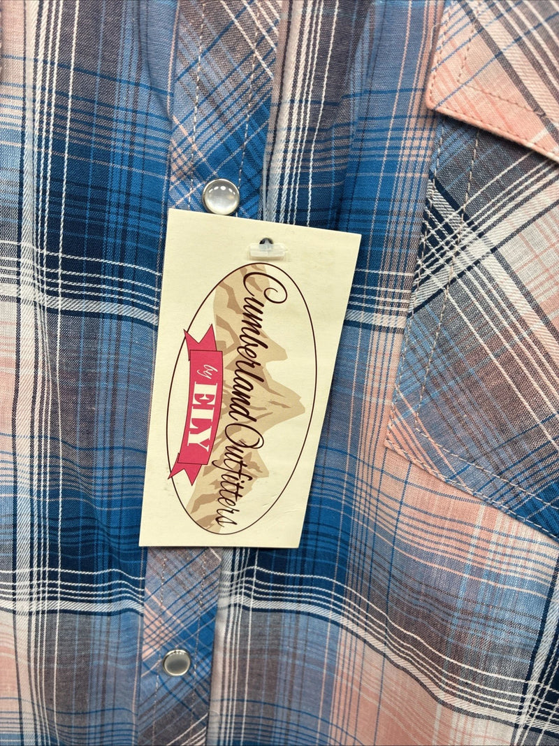 New Women’s Cumberland Pink Blue Plaid Long Sleeve Pearl Snap 1XL Plus GG-39