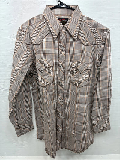 New Men’s Champion Western Brown Plaid Long Sleeve Pearl Snap 16 Large M-86