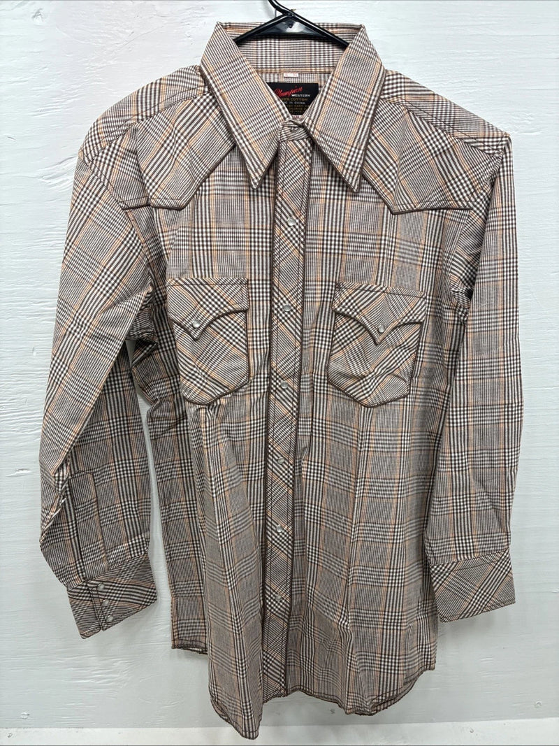 New Men’s Champion Western Brown Plaid Long Sleeve Pearl Snap 16 Large M-86