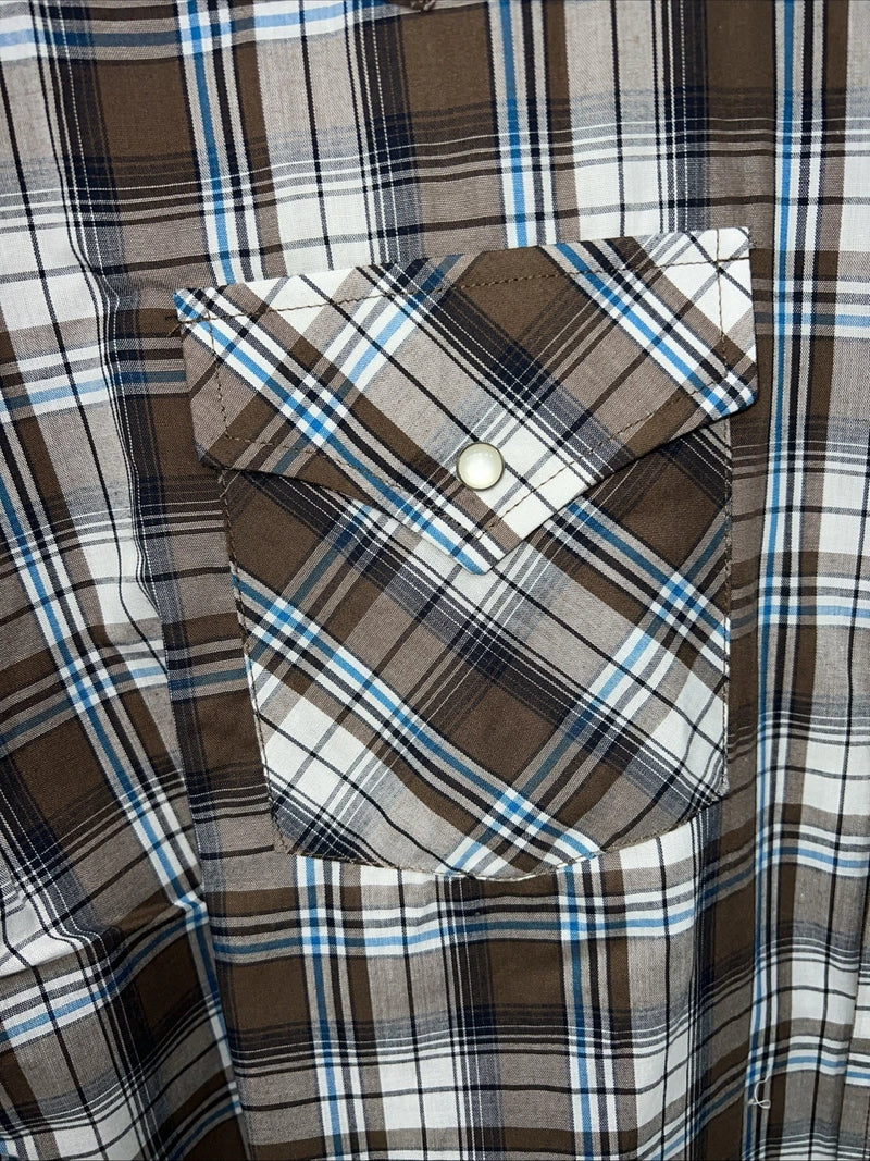 New Men’s Brown Plaid ELY Cattleman Short Sleeve Pearl Snap Shirt. XL Tall S-29