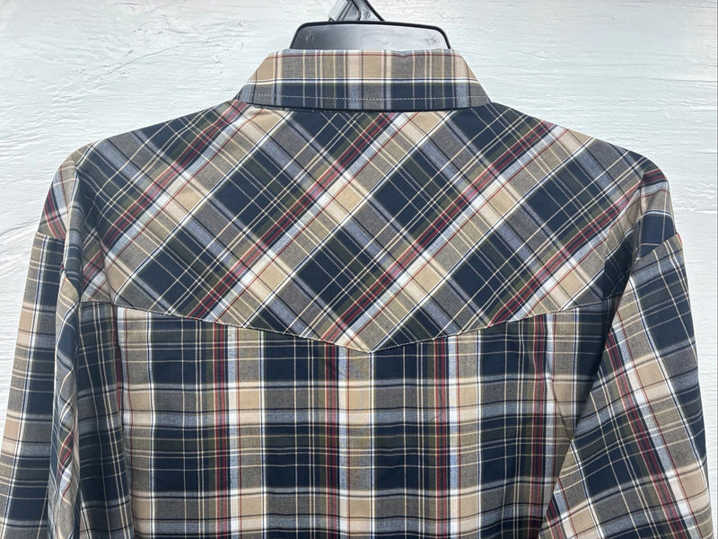 New Men’s ELY Cattleman Brown Blue Plaid Long Sleeve Pearl Snap XLT R-44