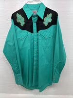 New Men’s ELY Diamond Teal Black Embroidered Long Sleeve Pearl Snap Medium K-32