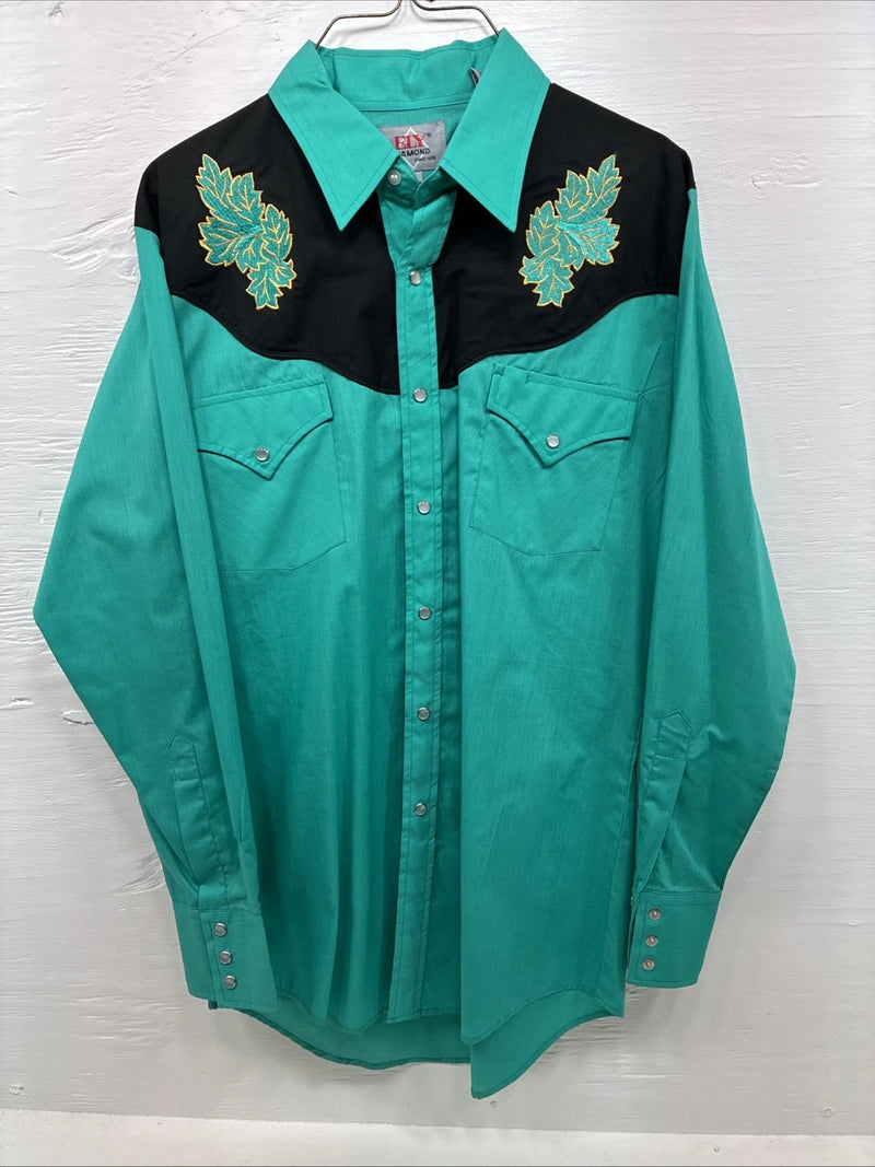 New Men’s ELY Diamond Teal Black Embroidered Long Sleeve Pearl Snap Medium K-32
