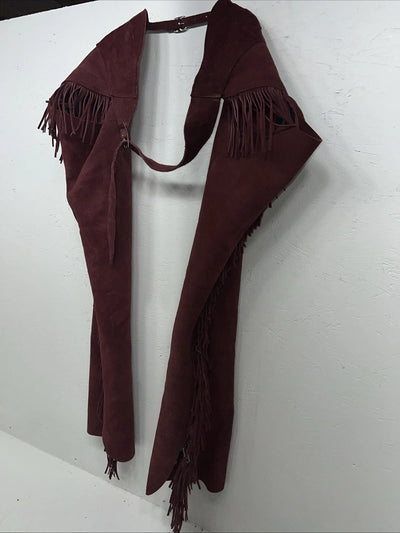 New Burgundy Congress Leather Show Chaps With Fringe Adjustable Waist 42” N-35