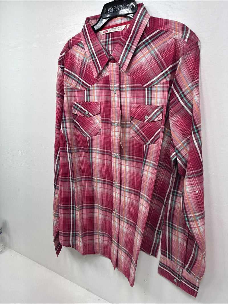 New Women’s Cumberland Pink Plaid Long Sleeve Pearl Snap XL GG-56