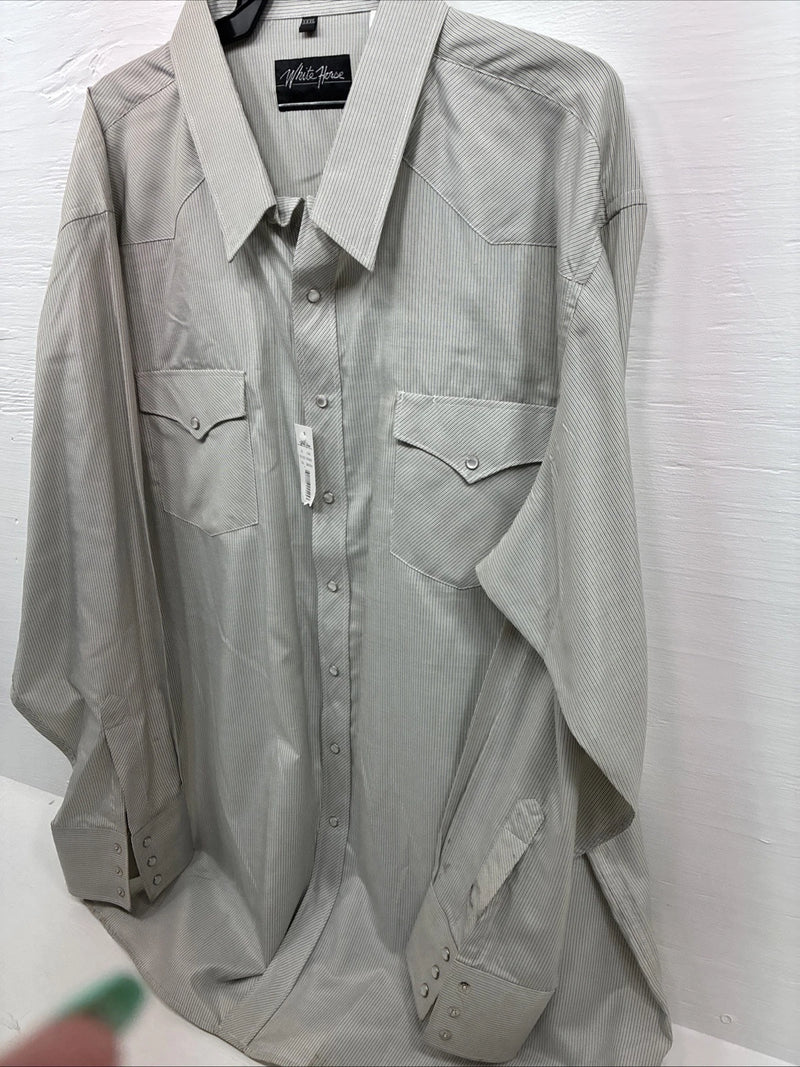 New Men’s White Horse Gray Strip Long Sleeve Pearl Snap 3XL E-61