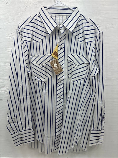 New Men’s H Bar C White Blue Stripe Long Sleeve Pearl Snap 16.5 X 34 Large Q-103