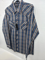 New Men’s ELY 1878 Blue Brown Plaid Long Sleeve Pearl Snap XL T-35
