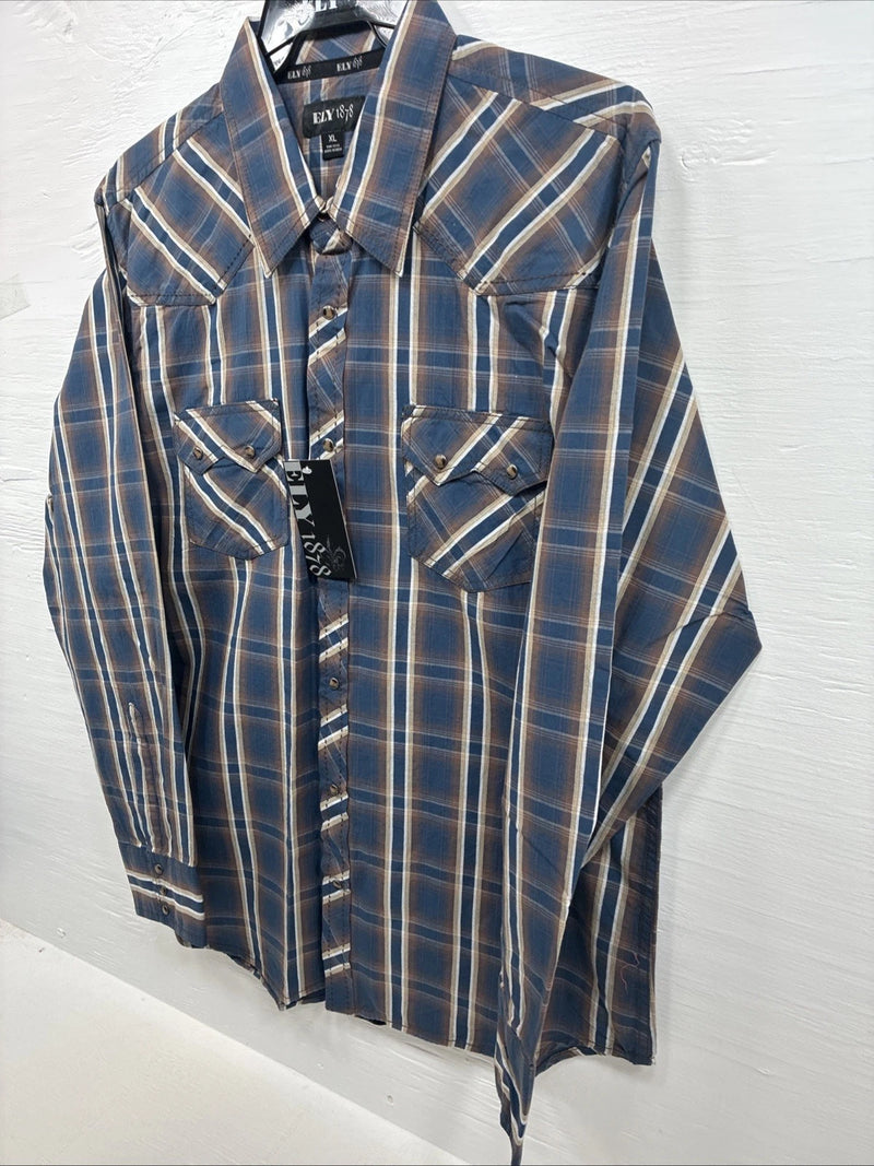 New Men’s ELY 1878 Blue Brown Plaid Long Sleeve Pearl Snap XL T-35