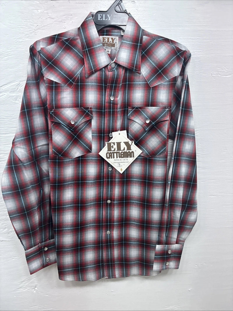 New Kids ELY Cattleman Red plaid Long Sleeve Pearl Snap Size 14 DD-41