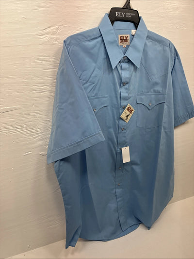 New Men’s ELY Cattleman Blue Short Sleeve Simple Pearl Snap 18 2XL F-81
