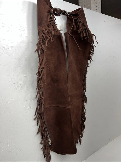 NOS Brown Show Western Chaps With Fringe Adjustable 44” Waist  I-61