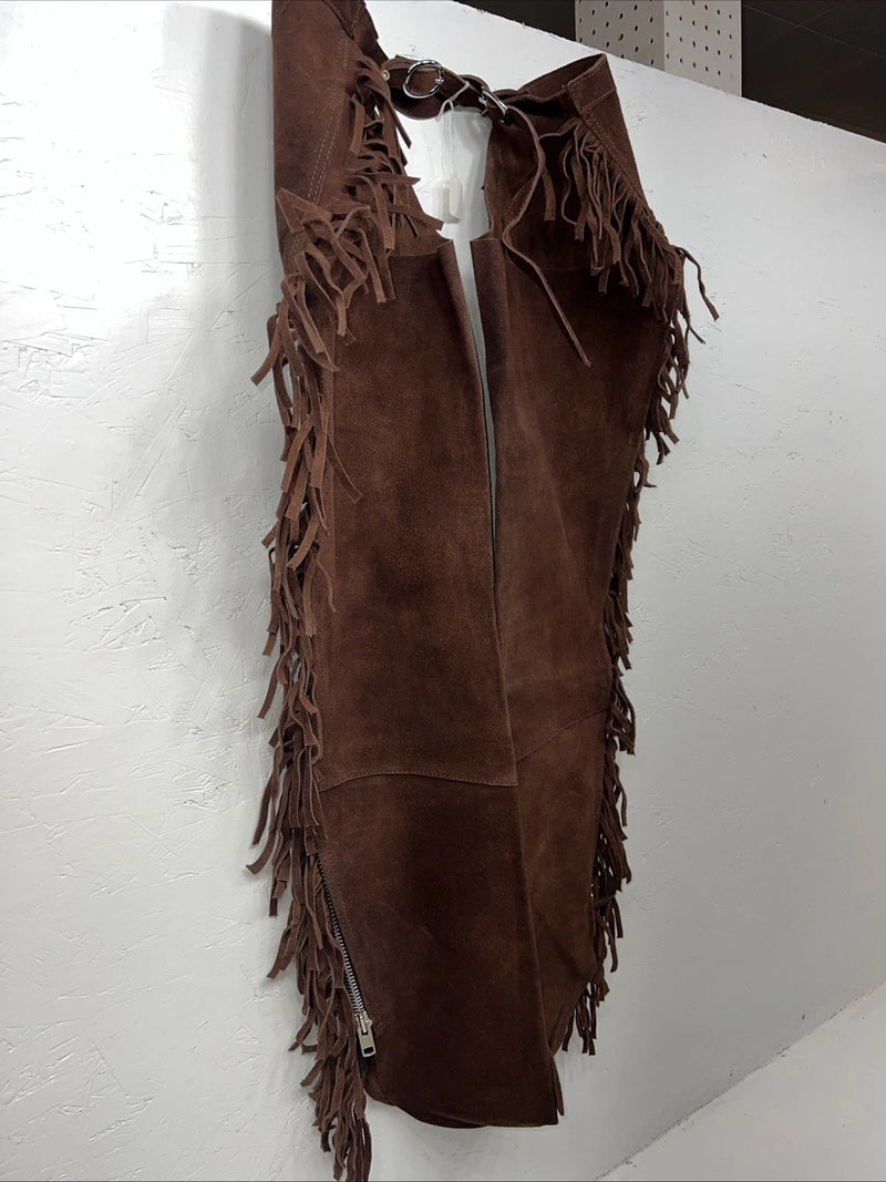 NOS Brown Show Western Chaps With Fringe Adjustable 44” Waist  I-61