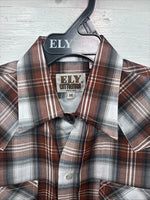 New Kids ELY Cattleman Orange Plaid Long Sleeve Pearl Snap Size 14 DD-38