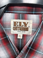 New Men’s ELY Cattleman Red Gray Plaid Short Sleeve Pearl Snap XL M-51