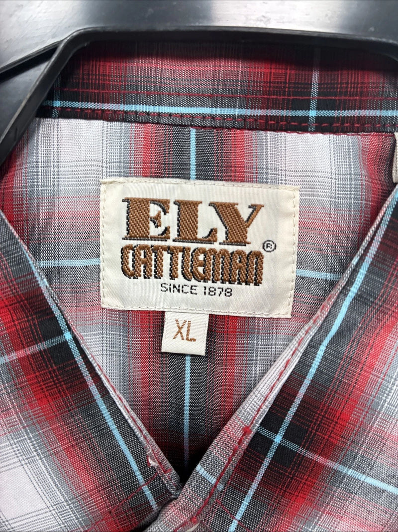 New Men’s ELY Cattleman Red Gray Plaid Short Sleeve Pearl Snap XL M-51