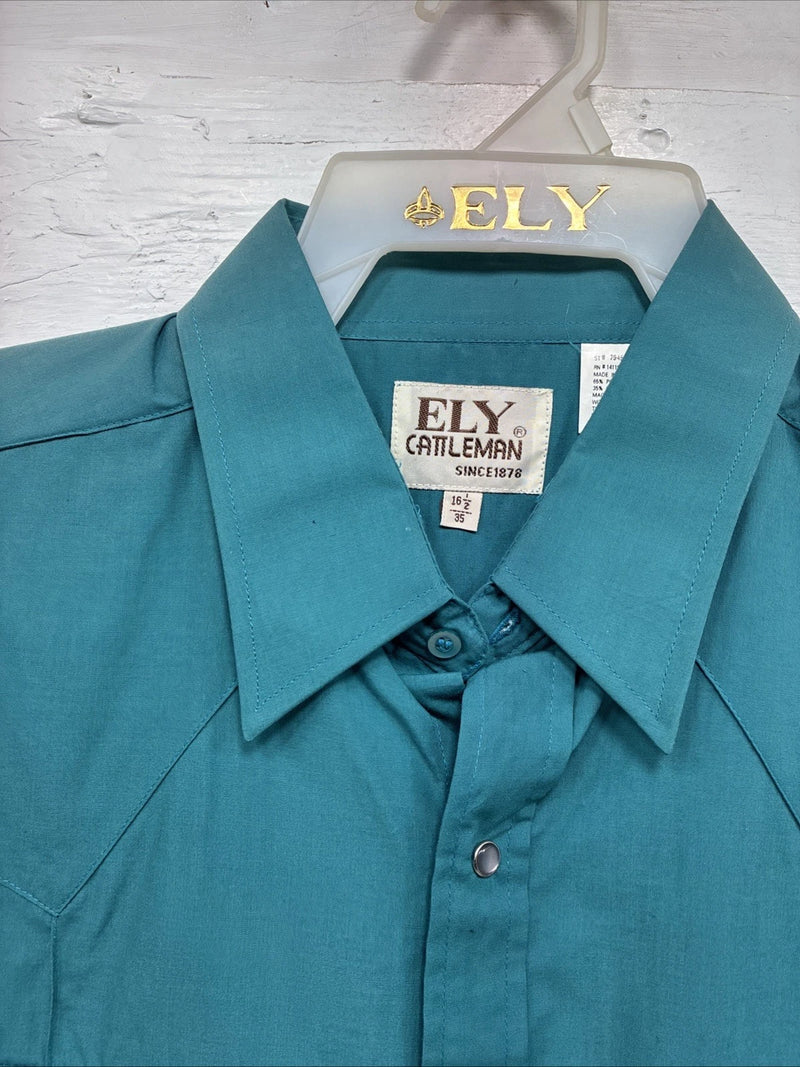 New Men’s ELY Cattleman Teal Western Long Sleeve Pearl Snap 16.5 X 35 Large T-59