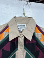 New Men’s San Angela Tan Multicolor Design Long Sleeve Button Up Medium K-74