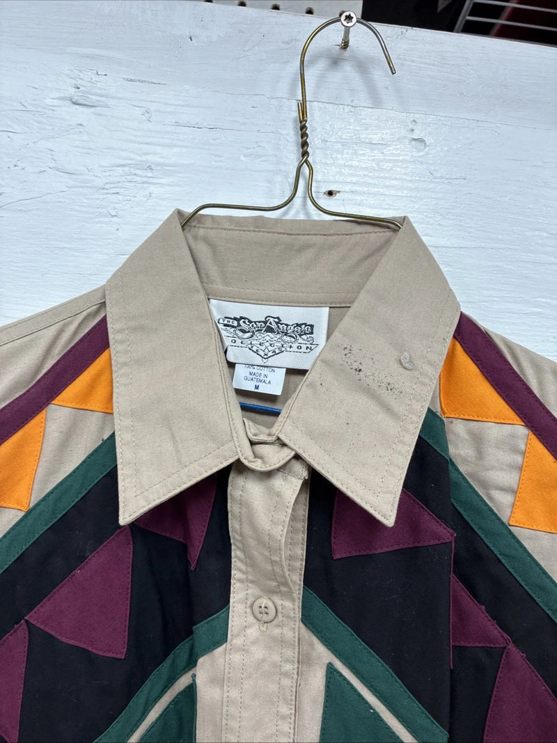 New Men’s San Angela Tan Multicolor Design Long Sleeve Button Up Medium K-74