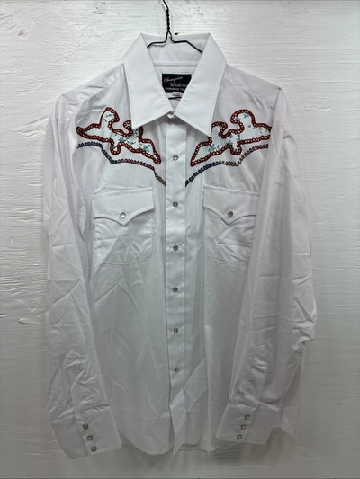 New Men’s Champion Western White Embroidered Long Sleeve Pearl Snap 17 XL T-5