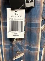 New Men’s ELY 1878 Blue Brown Plaid Long Sleeve Pearl Snap Medium J-89