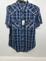New Men’s ELY 1878 Blue Black Plaid Short Sleeve Pearl Snap Medium J-91