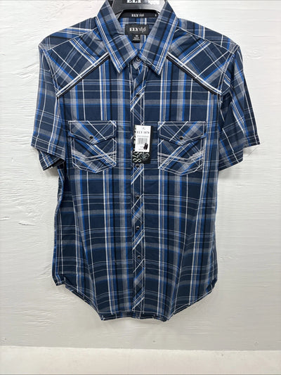 New Men’s ELY 1878 Blue Black Plaid Short Sleeve Pearl Snap Medium J-91