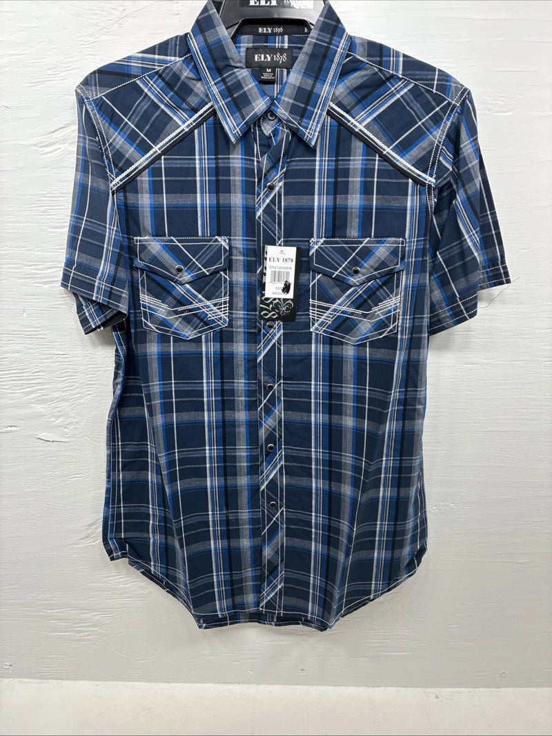 New Men’s ELY 1878 Blue Black Plaid Short Sleeve Pearl Snap Medium J-91