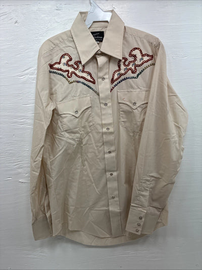 New Men’s Champion Western Tan Design Long Sleeve Pearl Snap Medium J-77