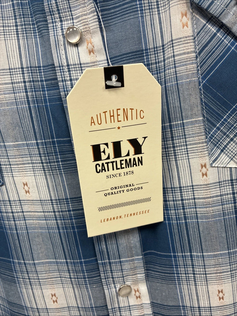 New Men’s ELY Cattleman Blue White Plaid Long Sleeve Pearl Snap XL T-44