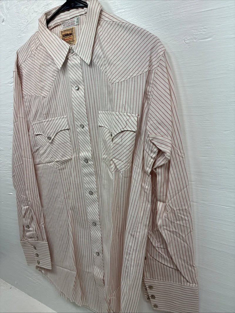 New Men’s Karman White Red Stripe Long Sleeve Pearl Snap 16 Large M-46