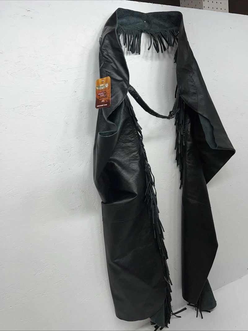 New Black Tough 1 Show Chaps With Fringe Adjustable Waist 46” N-48